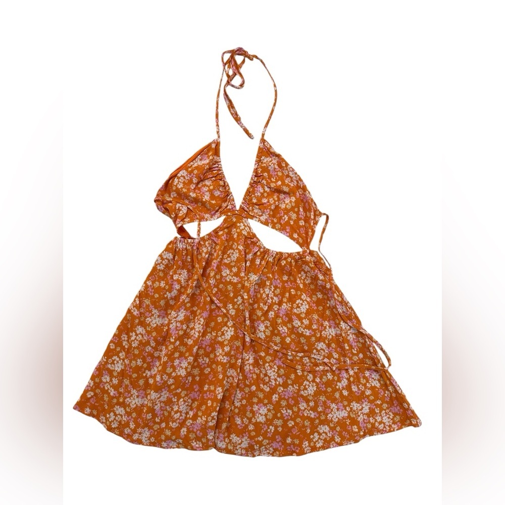 Sky To Moon Floral Cut Out Tie Back Orange Mini Dress Size L - Picture 9 of 17
